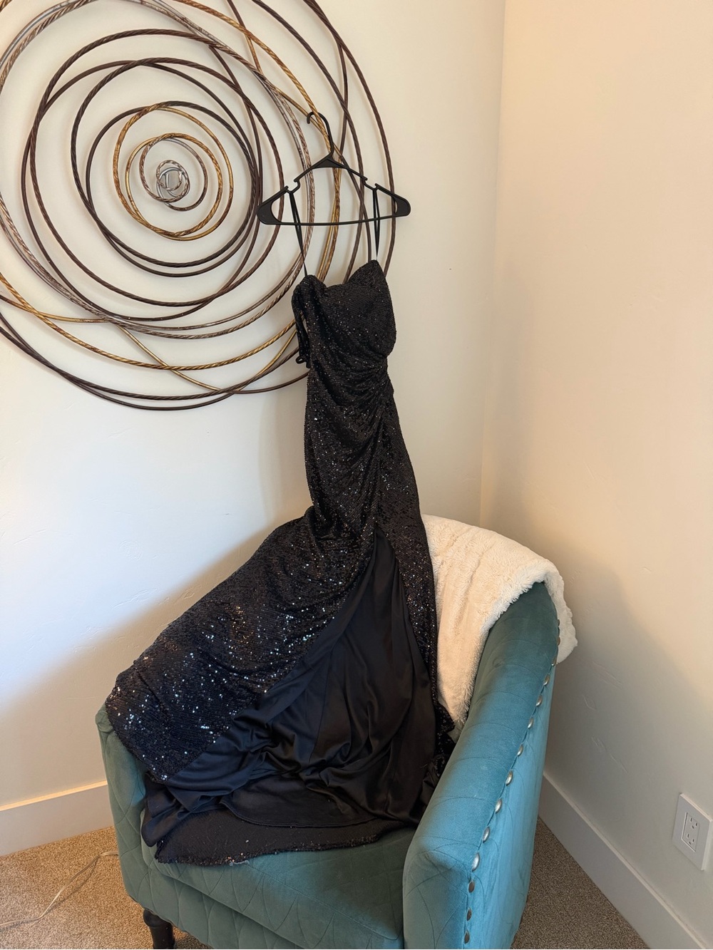 La Femme Black One-Shoulder Sequin Evening Gown
